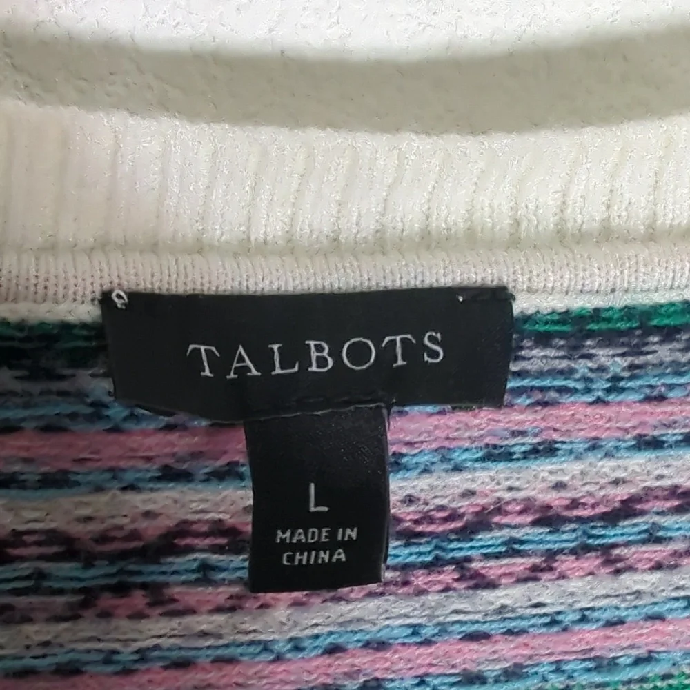 Talbots Womens Sweater Fair Isle Multi-color Striped Lambs Wool Pink Green Large